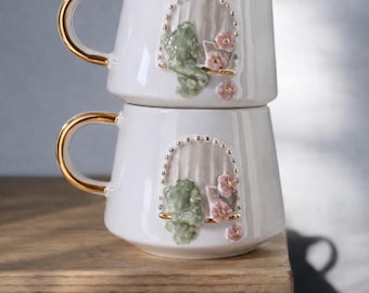 Taza de cerámica hecha a mano, taza floral, taza de espresso, 190 ml, taza de café turco, detalles en oro de 24 quilates, Şans Kapısı, taza personalizada