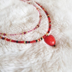 Beaded heart necklace | heart pendant | red necklace | red beads | beaded necklace | stackable necklace | black and red