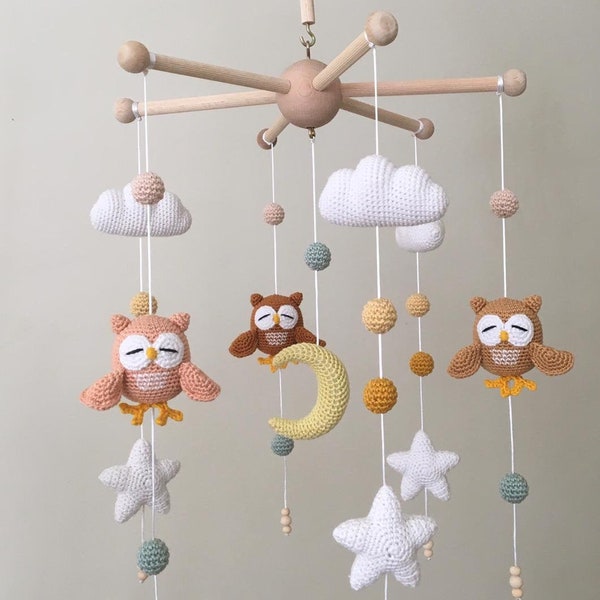 Crochet bébé Mobile hibou, lit Mobile avec boîte à musique, chambre de bébé Mobile, cadeau pour nouveau-né, Mobile bébé fait à la main, Mobile lit bébé