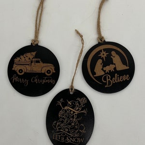 Set of three Christmas ornaments, Christmas tree ornaments, laser engraved and cutout, holiday decor. Christmas decor