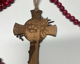 Set of Two Wooden Crosses with Laser-Engraved Face of Jesus – Rustic Christian Wall Hanging, Religious Home Decor, Faith Gift