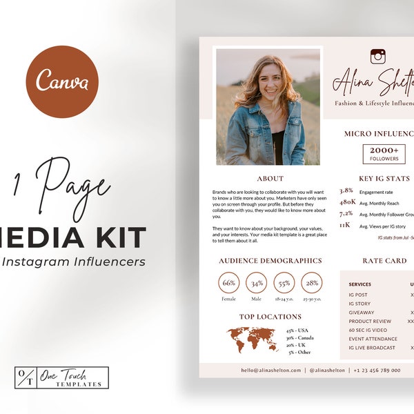 Instagram Influencer Media Kit Template, Single Page, Rate Card, Press Kit, Business, Instagram, YouTube, Price List, Editable in Canva