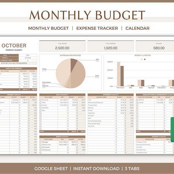 Monthly Budget Spreadsheet Template for Google Sheets, Budget Planner, Financial Planner, Budget Template, Expense Tracker, Savings