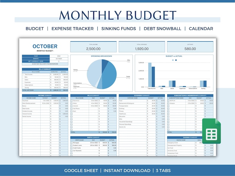 Monthly Budget Spreadsheet Template for Google Sheets Budget Etsy Monthly Budget Spreadsheet Template for Google Sheets Budget Etsy