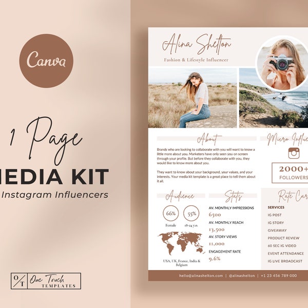 1 Page Instagram Influencer Media Kit Modèle | Kit média influenceur | Blogueur | | d’influenceurs Instagram Dossier de presse | Modèle Canva