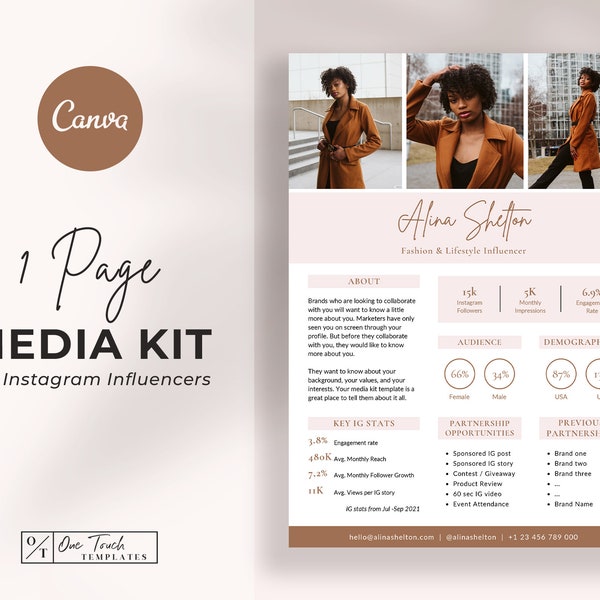 1 Page Media Kit Template | Canva Template | Instagram Media Kit | Blogger Template | Influencer Media Kit | Press Kit