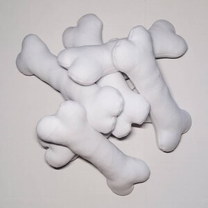May include: A pile of white plush dog bones. The bones are soft and cuddly, perfect for a dog to play with.