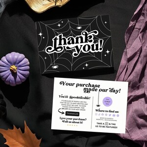 Retro Halloween thank you printable small business leave a review card, spider web etsy package insert canva, order thank you discount card