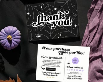 Retro Halloween thank you printable small business leave a review card, spider web etsy package insert canva, order thank you discount card