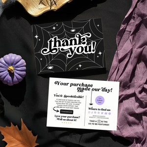 Retro Halloween thank you printable small business leave a review card, spider web etsy package insert canva, order thank you discount card