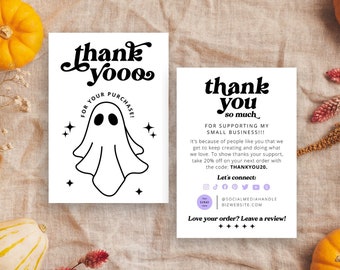 Cute ghost retro small business leave a review card template, halloween thank you card canva, diy order thank you card packaging insert