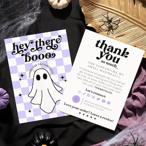 Retro halloween thank you printables small business leave a review card, cute ghost etsy package insert canva, order thank you discount card