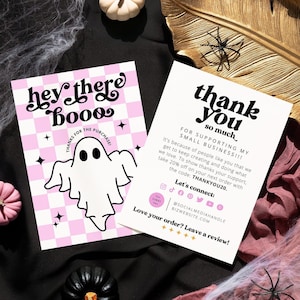 Retro halloween thank you printables small business leave a review card, spooky ghost package insert canva, order thank you discount card