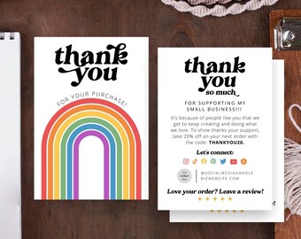 Retro small business thank you cards template, rainbow thank you package insert, editable small business 70s groovy thank you card template