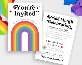 retro pride invitation, rainbow pride month party invitation template, lgbt parade pride festival event flyer canva template, lgbtq flyer