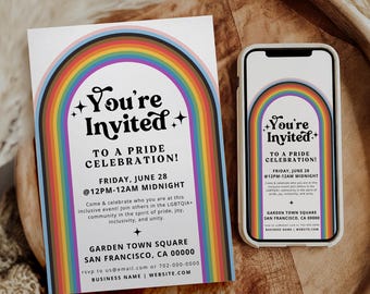 Retro rainbow pride month party invitation template with pride digital event invite: pride festival event lgbtq flyer canva template