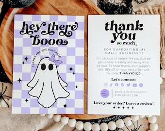 Retro halloween coquette thank you card printable, cute coquette girl ghost with bow etsy package insert, small business leave a review card