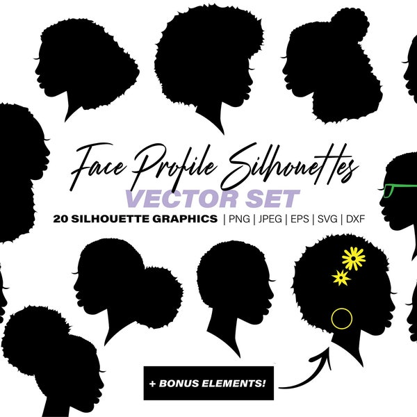 Face profile woman head svg with curly hair, black woman silhouette svg with long hair, side view face profile silhouette with afro hair svg
