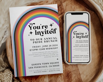 Retro pride digital event invitation, rainbow pride month party invitation template, pride festival event flyer canva template, lgbtq flyer