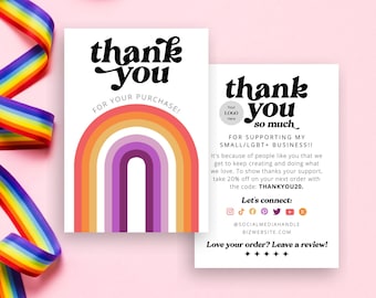 wlw lgbt small business thank you card template with retro rainbow, lesbian pride thank you card canva, diy thank you card packaging insert