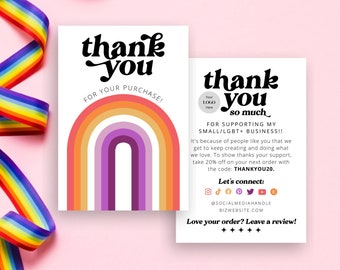 wlw lgbt small business thank you card template with retro rainbow, lesbian pride thank you card canva, diy thank you card packaging insert