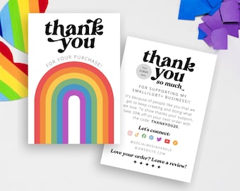 Rainbow pride thank you card canva, lgbt small business thank you card template with retro rainbow, diy thank you card packaging insert