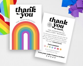 Rainbow pride thank you card canva, lgbt small business thank you card template with retro rainbow, diy thank you card packaging insert