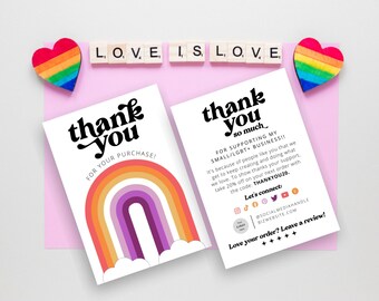 Lgbt small business thank you card template retro rainbow, subtle lesbian pride order thank you card canva, thank you retro packaging insert