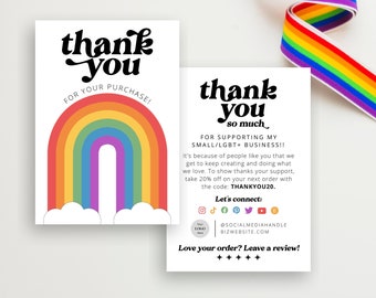 Cloud rainbow thank you card canva, pride small business thank you card template with retro rainbow, thank you retro packaging insert