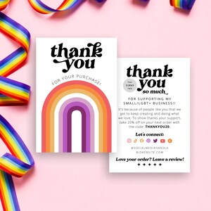 wlw lgbt small business thank you card template with retro rainbow, lesbian pride thank you card canva, diy thank you card packaging insert