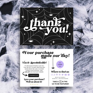 Retro Halloween thank you printable small business leave a review card, spider web etsy package insert canva, order thank you discount card