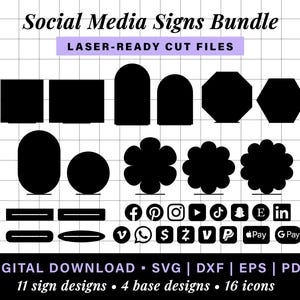 May include: A digital download bundle of 11 social media sign designs, 4 base designs, and 16 icons. The signs are black and white and include various shapes, such as circles, squares, and hexagons. The icons include popular social media platforms like Facebook, Instagram, Twitter, and YouTube.