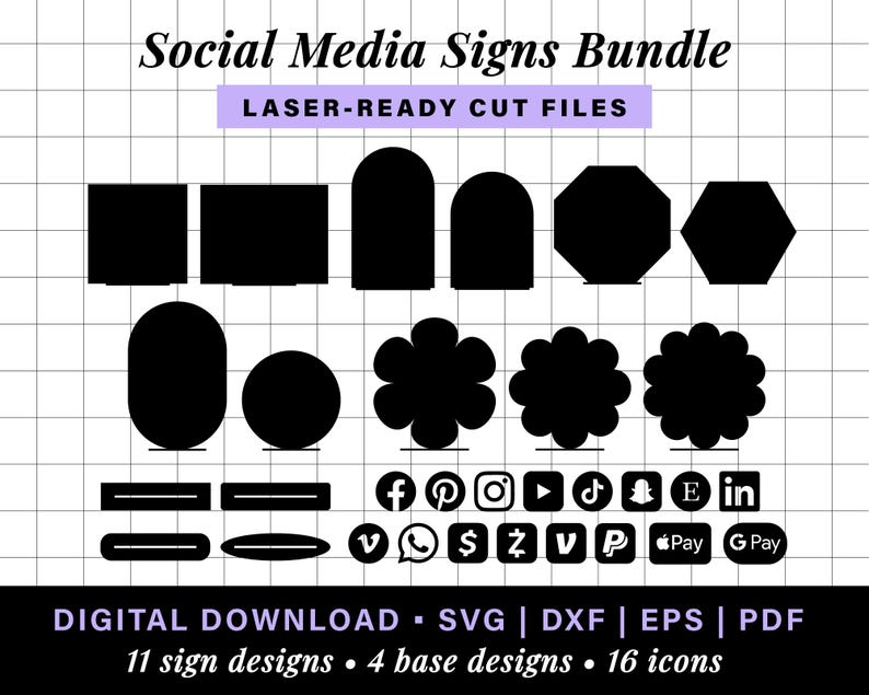 May include: A digital download bundle of 11 social media sign designs, 4 base designs, and 16 icons. The signs are black and white and include various shapes, such as circles, squares, and hexagons. The icons include popular social media platforms like Facebook, Instagram, Twitter, and YouTube.