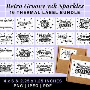 Retro y2k sparkles cute thermal labels bundle, munbyn rollo printer thank you sticker, groovy thermal label stickers 4x6 box label template