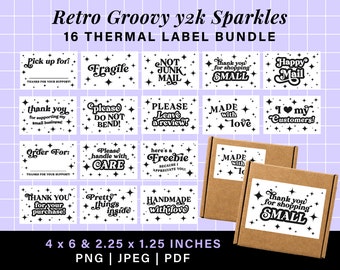 Retro y2k sparkles cute thermal labels bundle, munbyn rollo printer thank you sticker, groovy thermal label stickers 4x6 box label template
