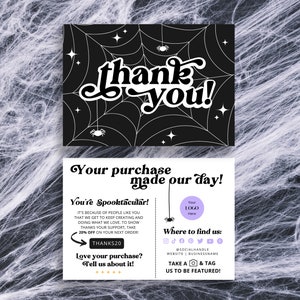 Retro Halloween thank you printable small business leave a review card, spider web etsy package insert canva, order thank you discount card