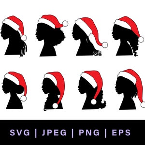 black woman head svg with layered santa hat, african american christmas svg of female silhouette svg, head side view silhouette face profile