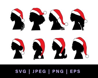 black woman head svg with layered santa hat, african american christmas svg of female silhouette svg, head side view silhouette face profile