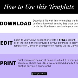 May include: A purple, blue, and white graphic with instructions on how to use a template. The text says "How to Use this Template" and includes the steps "1. DOWNLOAD", "2. EDIT", and "3. PRINT".