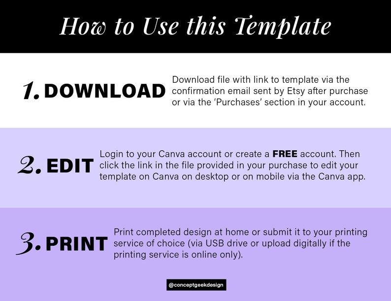 May include: A purple, blue, and white graphic with instructions on how to use a template. The text says "How to Use this Template" and includes the steps "1. DOWNLOAD", "2. EDIT", and "3. PRINT".