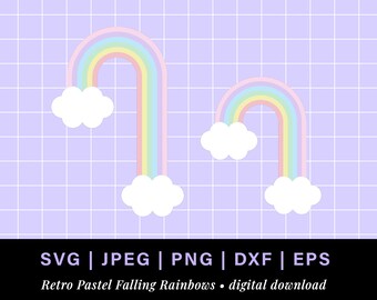 Falling pastel rainbow png, pastel rainbow svg retro rainbow cake topper, long tall rainbow falling clipart with clouds, rainbow cloud svg