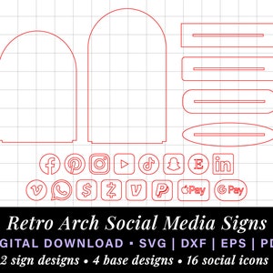May include: A digital download of 16 social media icons in a retro arch style. The icons include Facebook, Pinterest, Instagram, YouTube, TikTok, Snapchat, Email, LinkedIn, Vimeo, WhatsApp, Dollar Sign, Z, V, PayPal, Apple Pay, and Google Pay. The download includes 2 sign designs and 4 base designs.