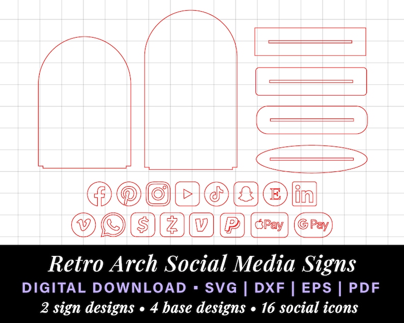 May include: A digital download of 16 social media icons in a retro arch style. The icons include Facebook, Pinterest, Instagram, YouTube, TikTok, Snapchat, Email, LinkedIn, Vimeo, WhatsApp, Dollar Sign, Z, V, PayPal, Apple Pay, and Google Pay. The download includes 2 sign designs and 4 base designs.