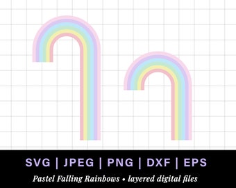 Falling pastel rainbow png, pastel rainbow svg for rainbow cake topper, long tall rainbow falling clipart for retro cake topper, rainbow dxf