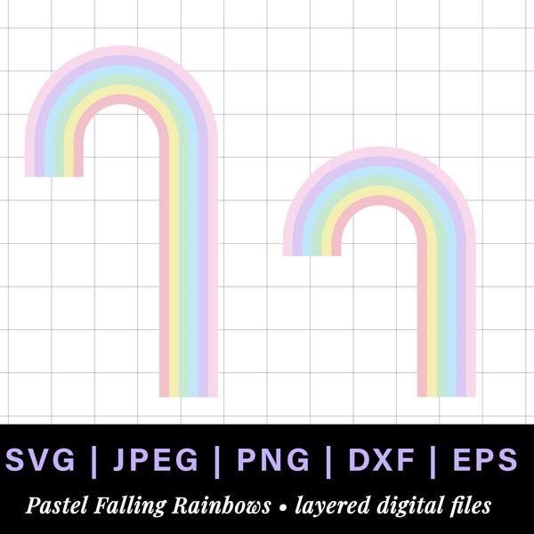 Falling pastel rainbow png, pastel rainbow svg for rainbow cake topper, long tall rainbow falling clipart for retro cake topper, rainbow dxf
