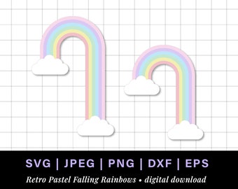 Falling pastel rainbow png, pastel rainbow svg retro rainbow cake topper, long tall rainbow falling clipart with clouds, rainbow cloud dxf