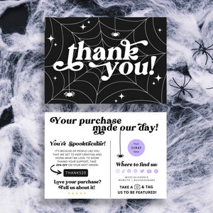 Retro Halloween thank you printable small business leave a review card, spider web etsy package insert canva, order thank you discount card