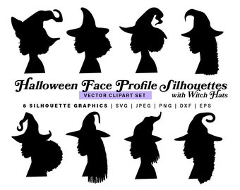 Afro woman Halloween head silhouettes with witch hats, witchy Halloween face profile silhouettes, african american witch head in side view