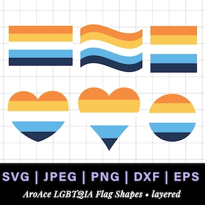 May include: A collection of AroAce LGBTQIA flag shapes in various forms, including rectangles, a wave, hearts, and a circle. The flags feature orange, yellow, white, blue, and navy blue stripes. The image includes file type information: SVG, JPEG, PNG, DXF, and EPS.