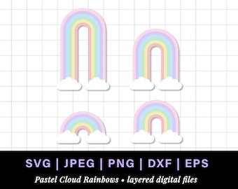 Pastel rainbow png, pastel rainbow svg for retro rainbow cake topper, long tall rainbow with clouds, retro rainbow cloud svg, rainbow dxf